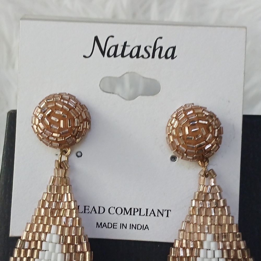 Natasha Couture Gold White Beaded Fringe Boho Festival Sexy Statement Earrings - Picture 3 of 13